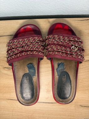 Chanel Chain Slide Sandals Burgundy Red Gold Slides